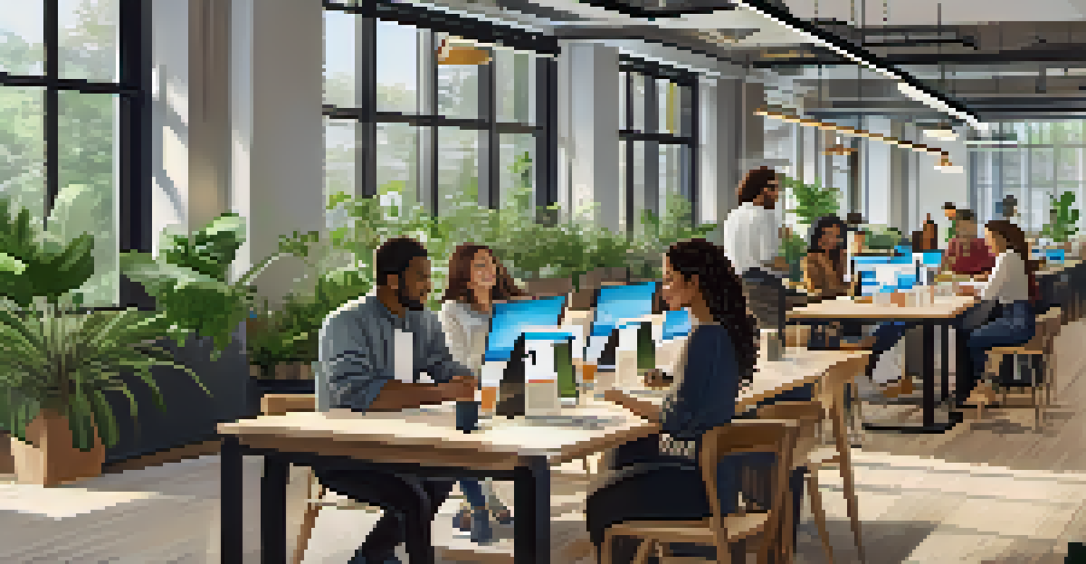 A busy co-working space in Pasadena filled with diverse young professionals collaborating over laptops and coffee, with bright natural light streaming through large windows.