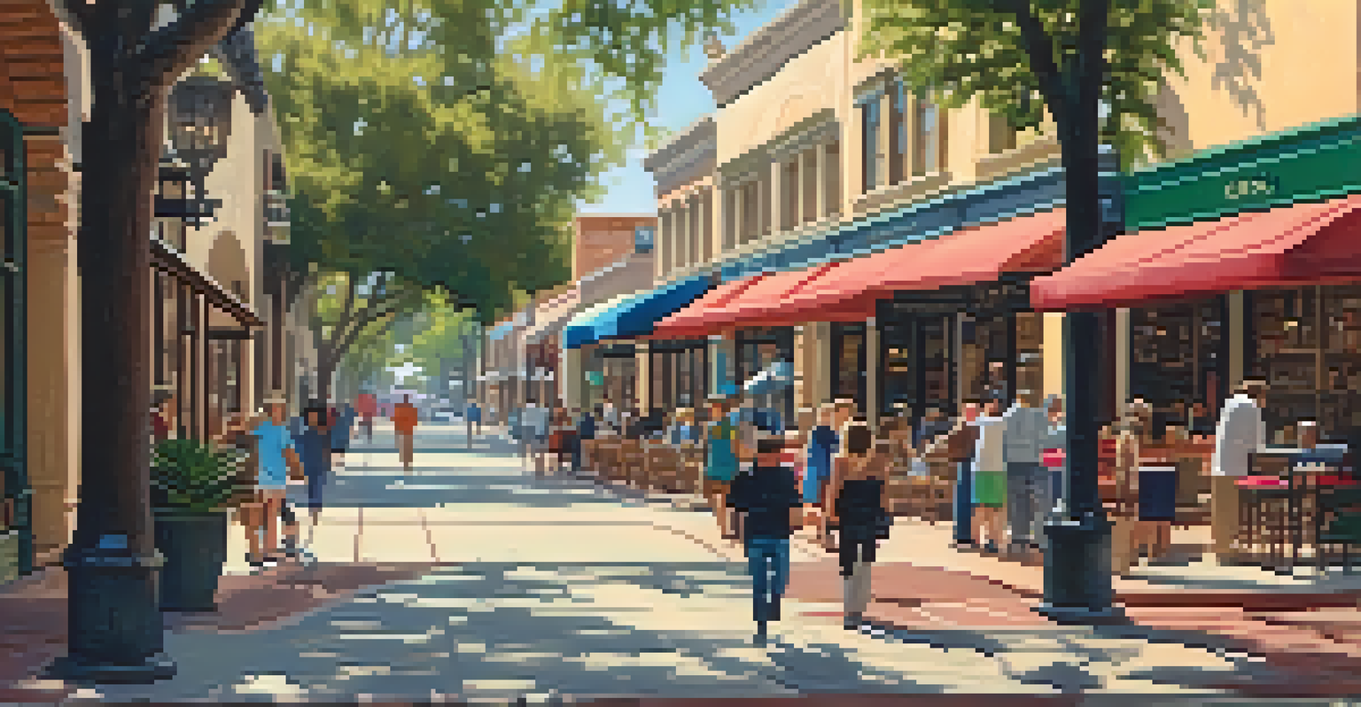 Historic Old Town Pasadena with people strolling, brick-paved streets, and vibrant storefronts under soft afternoon light.