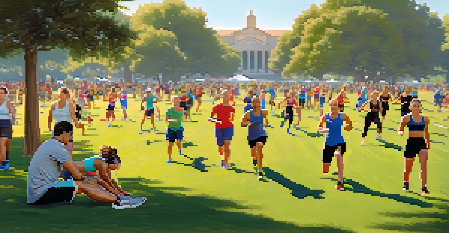 A group of people in active wear participating in a boot camp workout in a park, with various fitness stations and a clear sky.