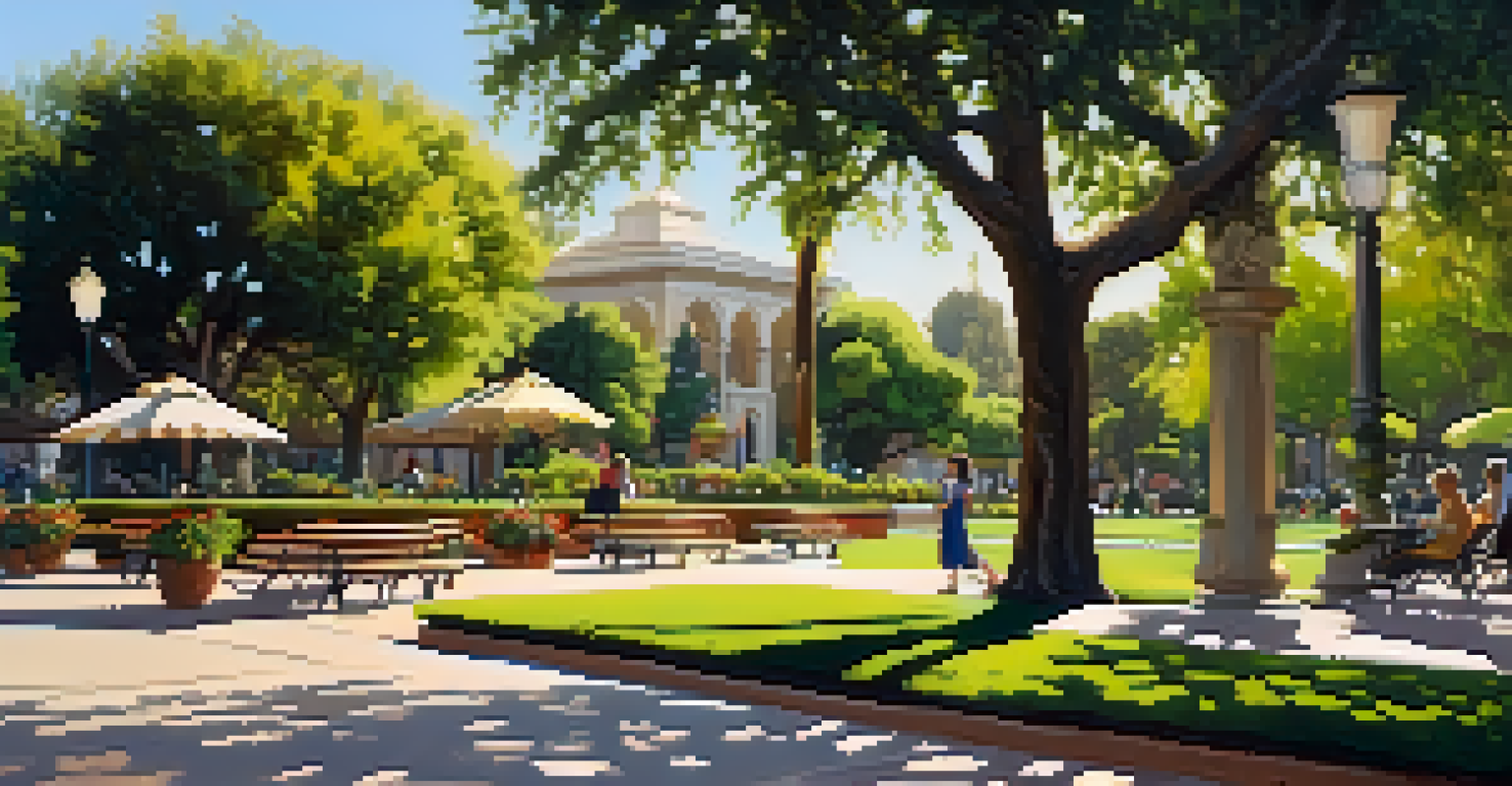 A tranquil park in Pasadena with colorful flowers, green trees, and people enjoying the outdoors.