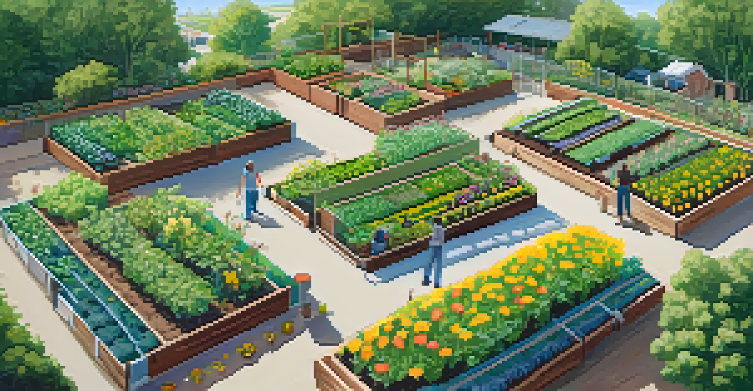 An aerial view of a community garden in Pasadena showing vegetable beds and gardeners tending to their plots.