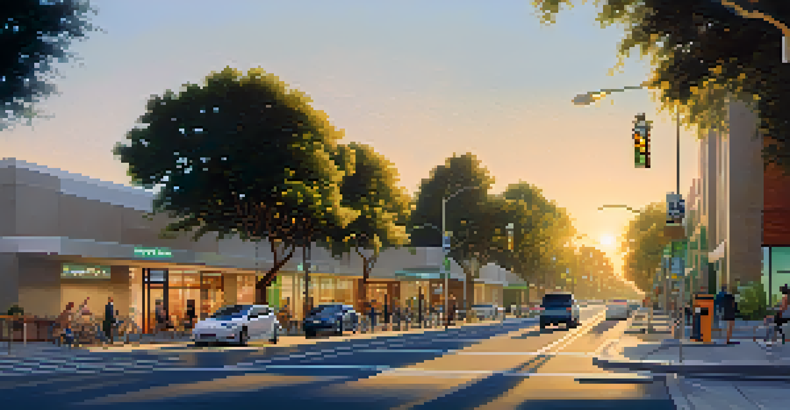 A city street in Pasadena with electric vehicles charging, bike lanes, and energy-efficient buildings.