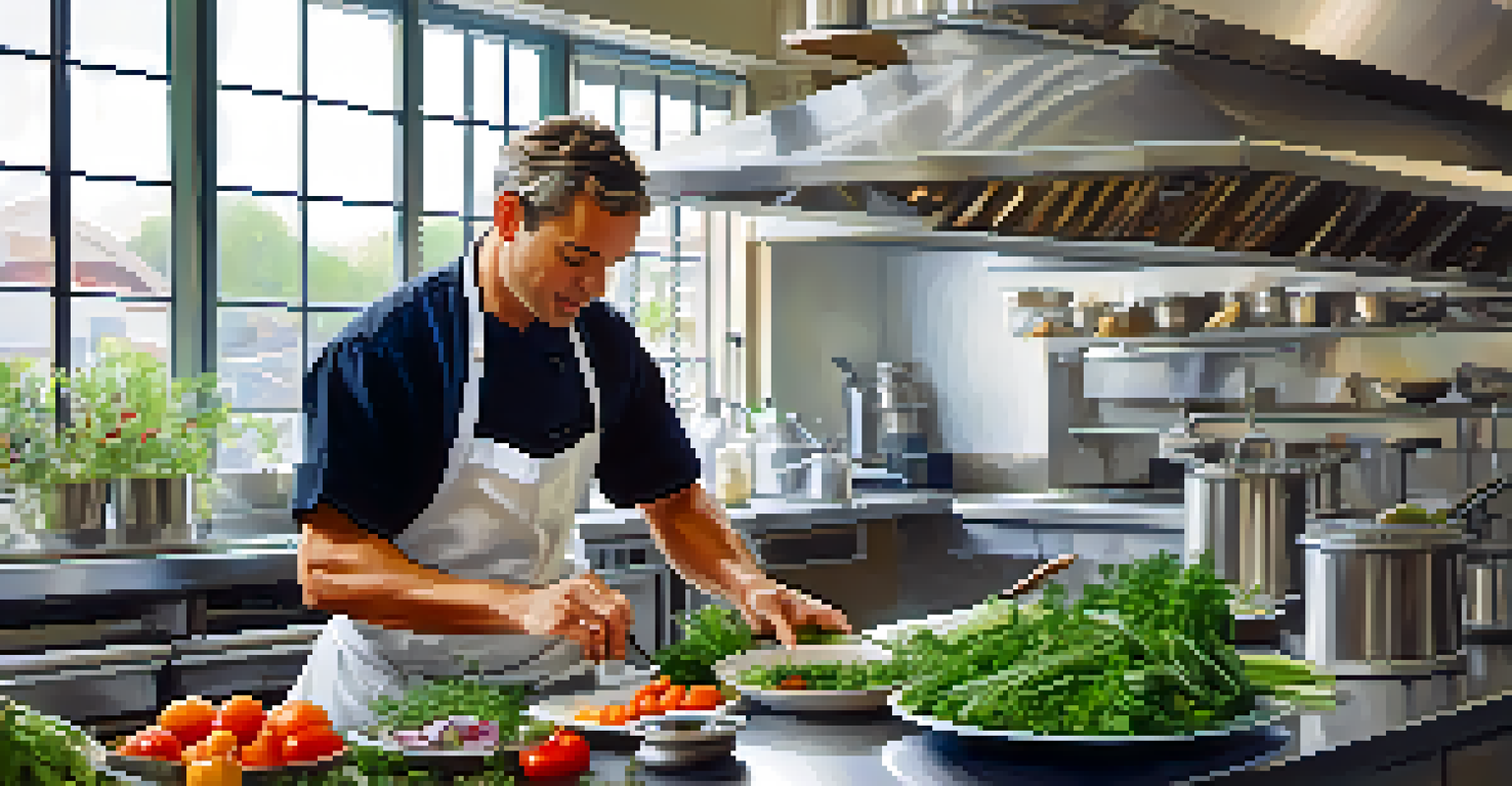 A chef in a sustainable kitchen preparing a dish with fresh, locally sourced ingredients, illuminated by natural light from large windows.