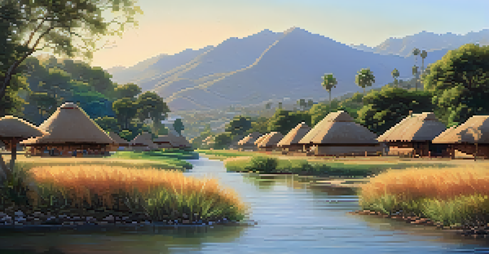 A peaceful view of a traditional Tongva village, featuring huts and a river, surrounded by greenery and mountains under golden sunlight.