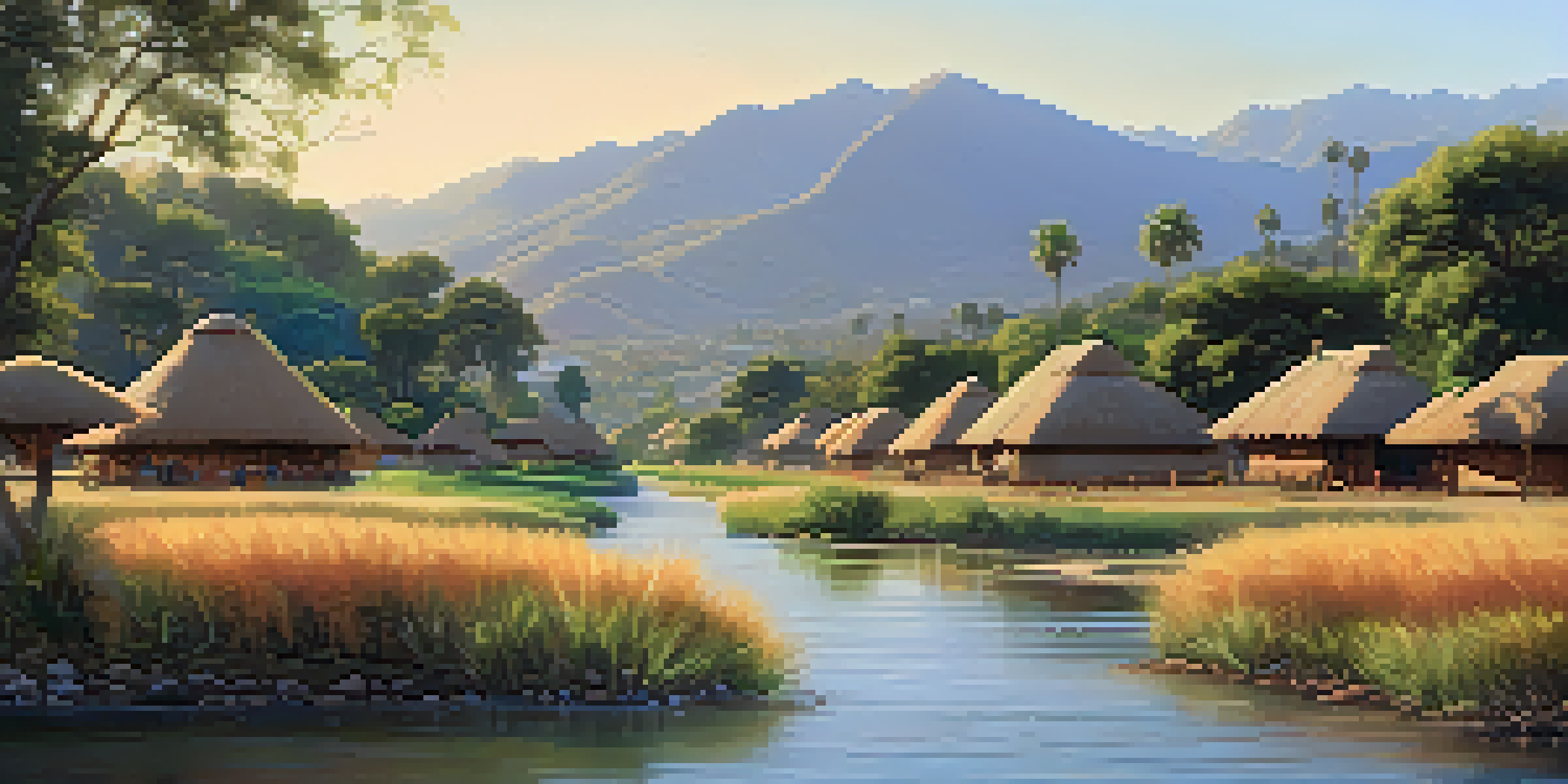 A peaceful view of a traditional Tongva village, featuring huts and a river, surrounded by greenery and mountains under golden sunlight.