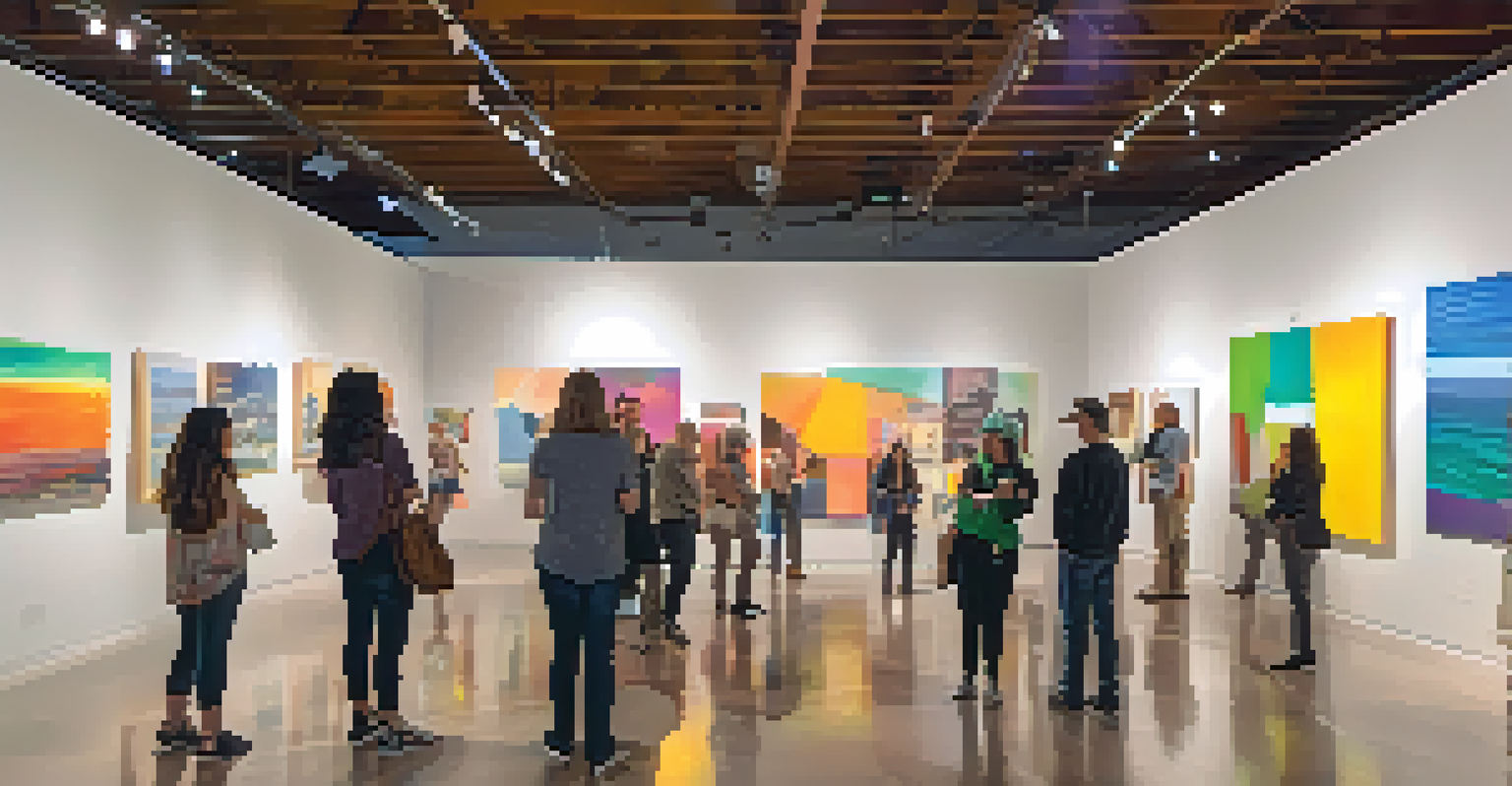Contemporary art installation at the Pasadena Museum of California Art with visitors interacting with the artworks and local artists at work in a bright space.