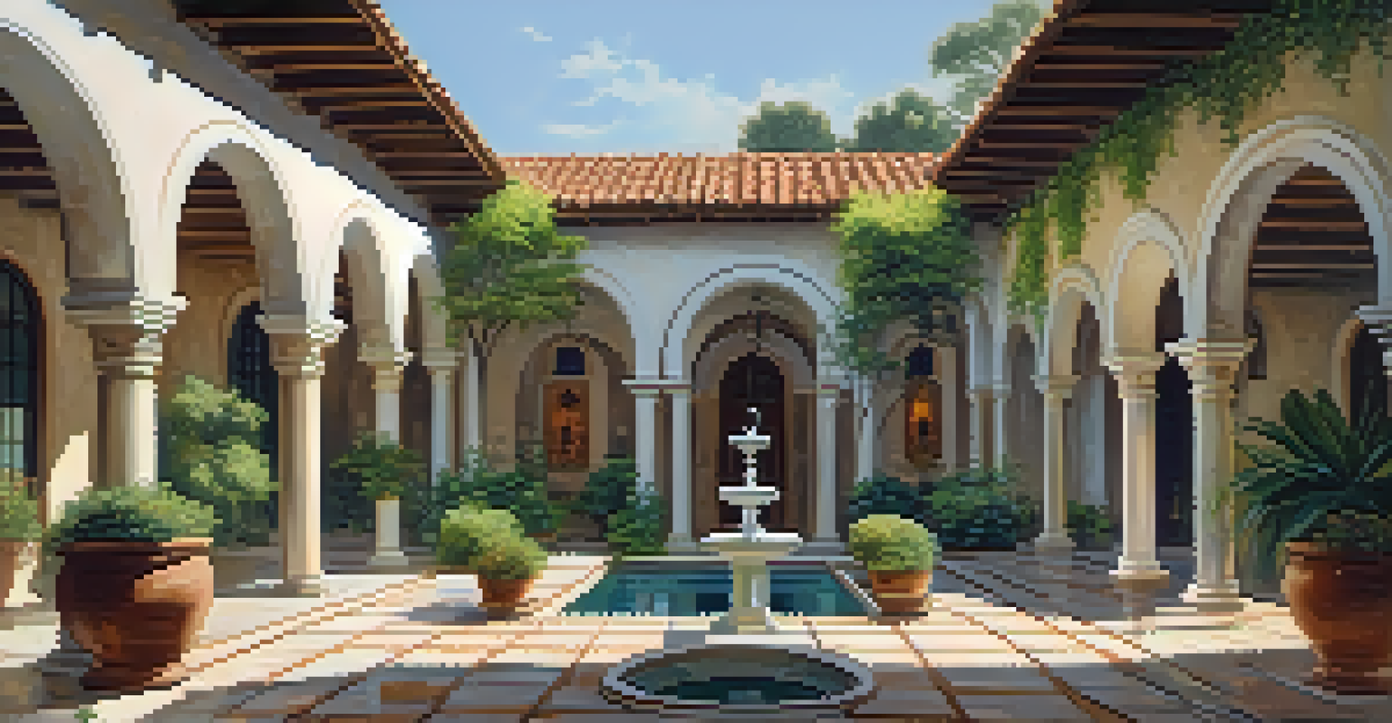 A charming courtyard with arched doorways, ceramic tiles, and a fountain, bathed in soft afternoon sunlight with greenery all around.