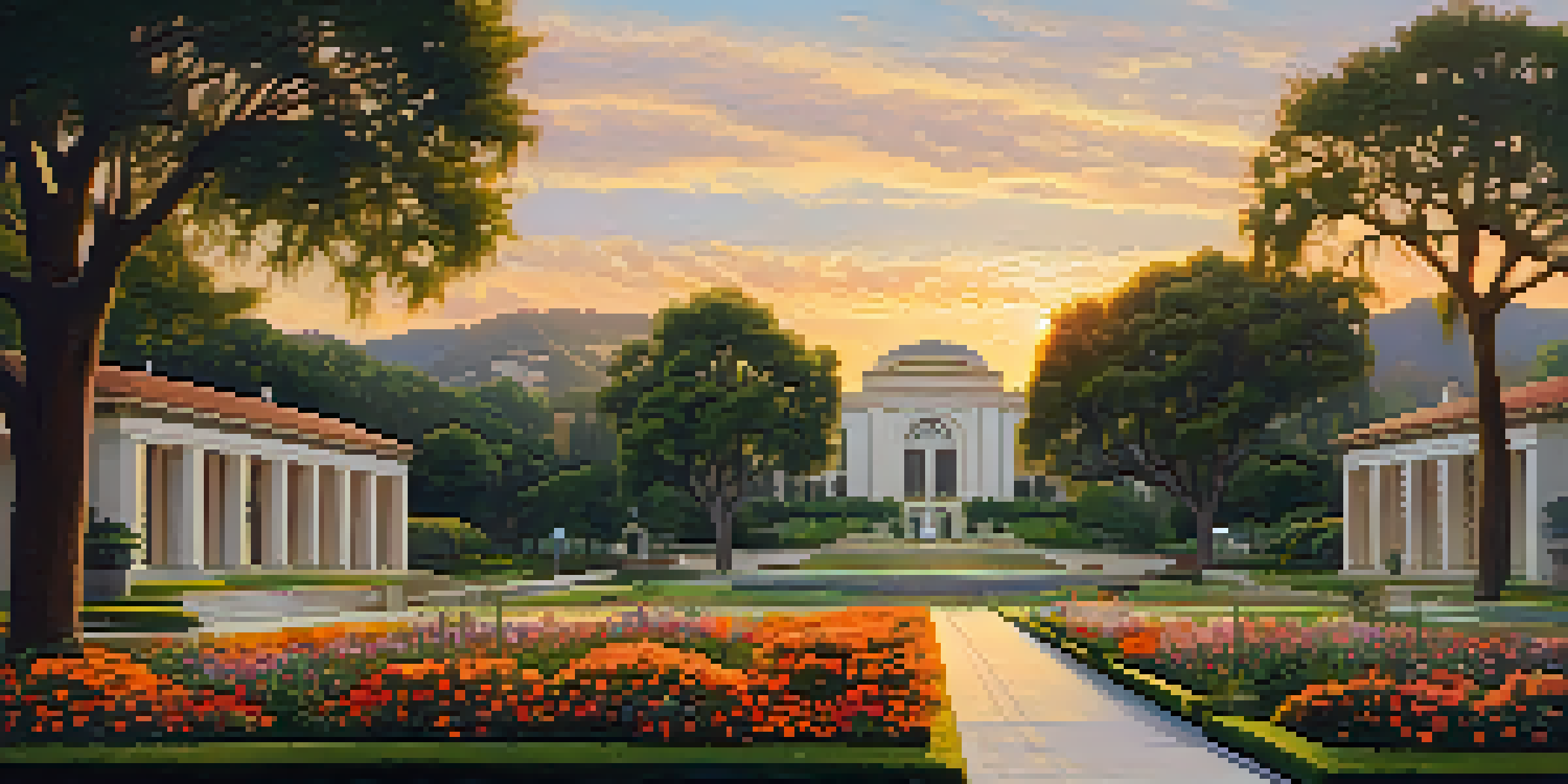 A scenic view of Caltech campus with iconic buildings, greenery, and a sunset.