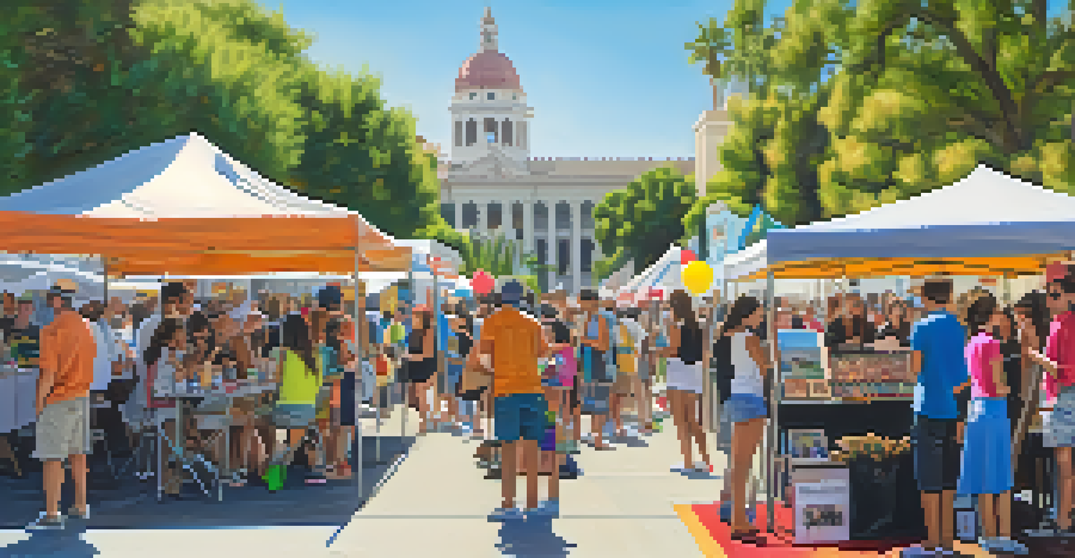 A bustling art and music festival in Pasadena with artists displaying their works, attendees exploring, and children engaged in art workshops.