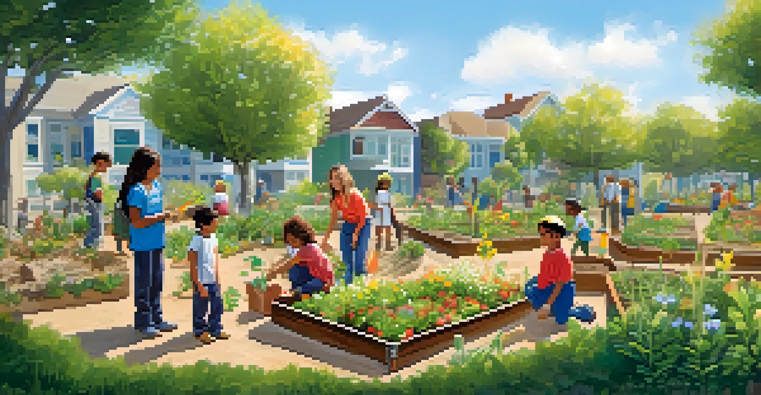 Children planting trees in a community garden, surrounded by vibrant flowers and greenery, guided by a teacher.