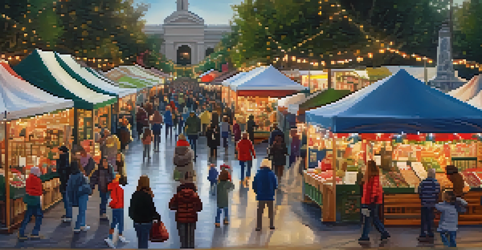 A festive holiday market with artisans, shoppers, and colorful decorations creating a joyful atmosphere.