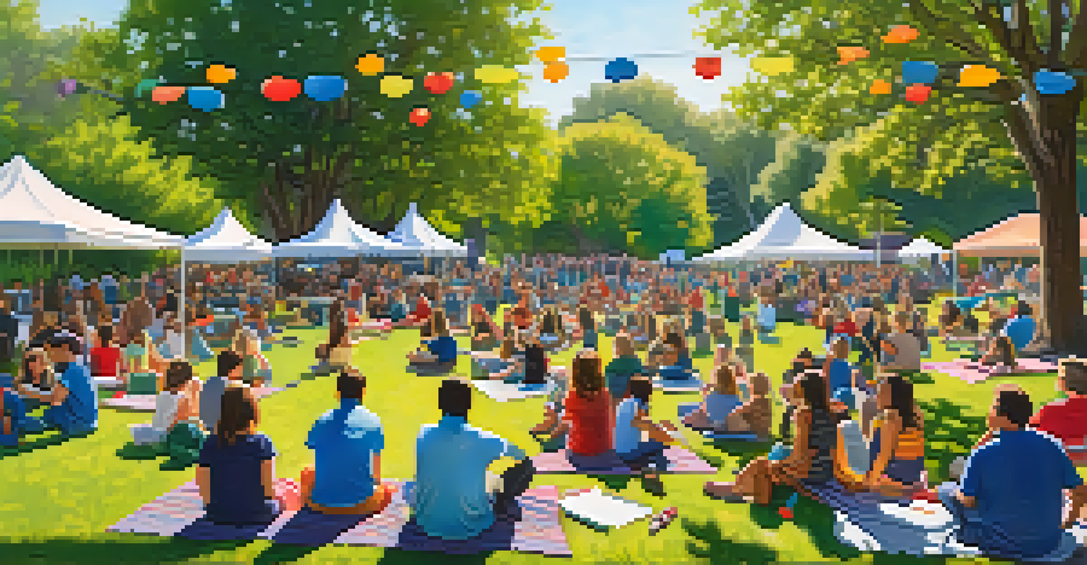 A lively outdoor music concert in a park, with families enjoying performances by student musicians surrounded by trees and decorations.