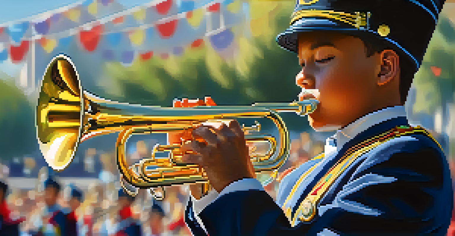 Close-up of a young musician playing a brass instrument at the Rose Parade, with colorful floats and band members blurred in the background.