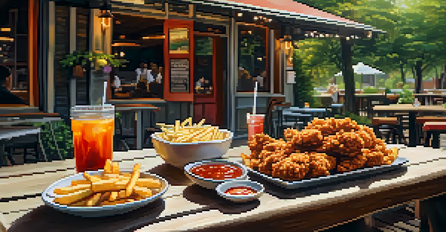 An outdoor dining table with crispy fried chicken, spicy french fries, and dipping sauces surrounded by greenery and sunlight.