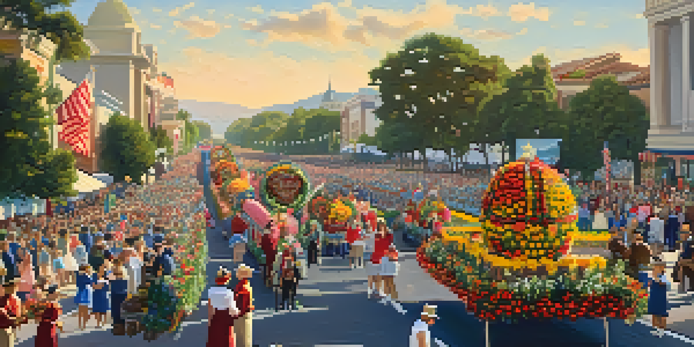 A lively parade featuring floral floats, cheering crowds, and families enjoying the event under a clear blue sky.