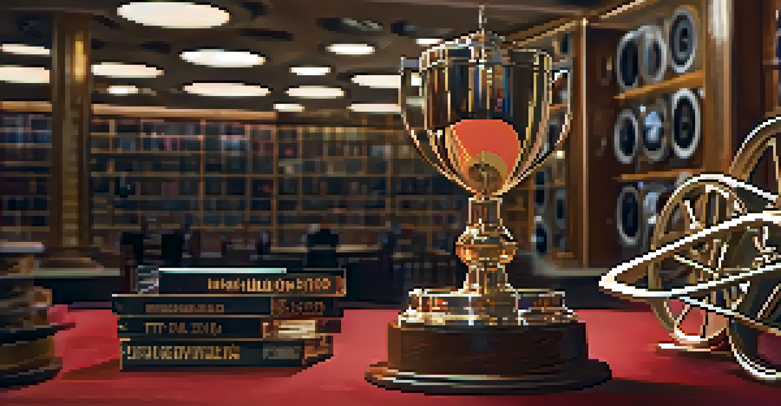 A close-up of an elegantly designed award trophy from the Pasadena Film Festival, placed on a wooden table with film reels and soft ambient lighting.