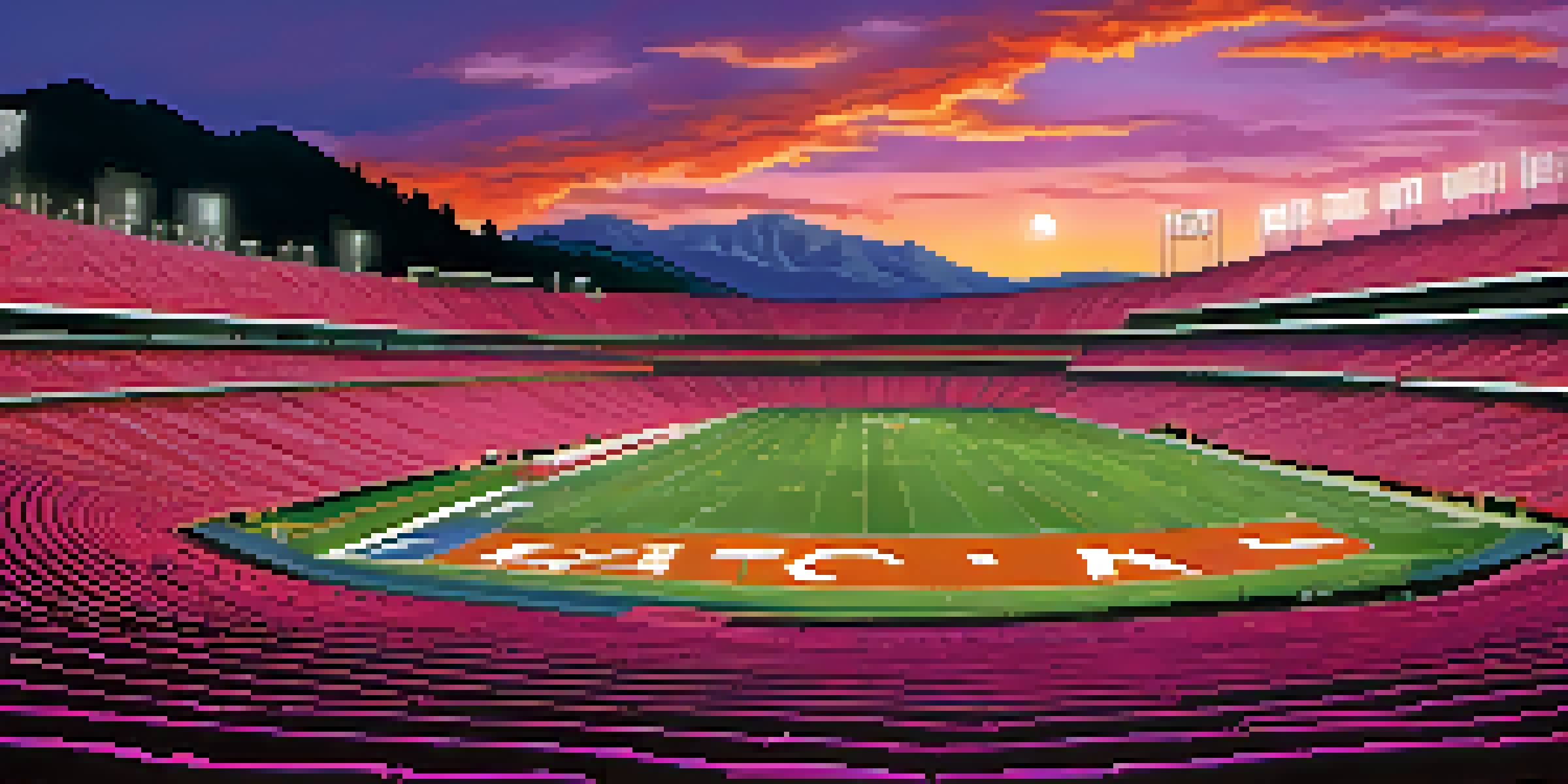 A breathtaking sunset illuminating the Rose Bowl stadium with the San Gabriel Mountains in the background, showcasing vibrant colors in the sky.
