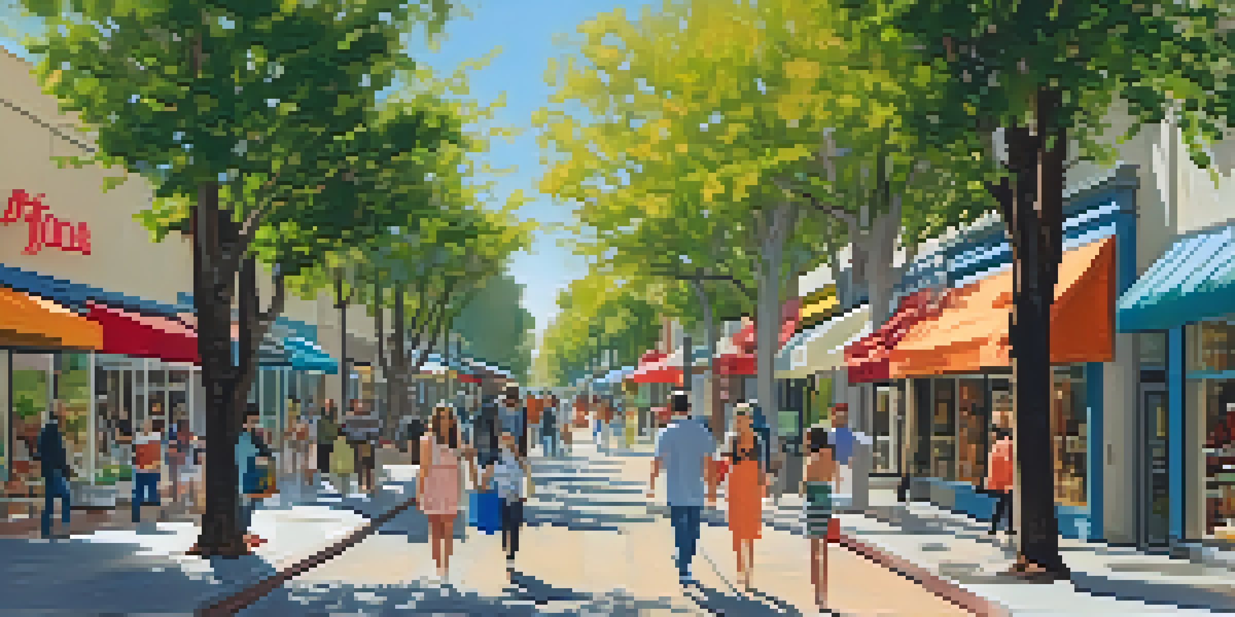 A vibrant street scene on South Lake Avenue with people shopping and tree-lined sidewalks filled with colorful storefronts.