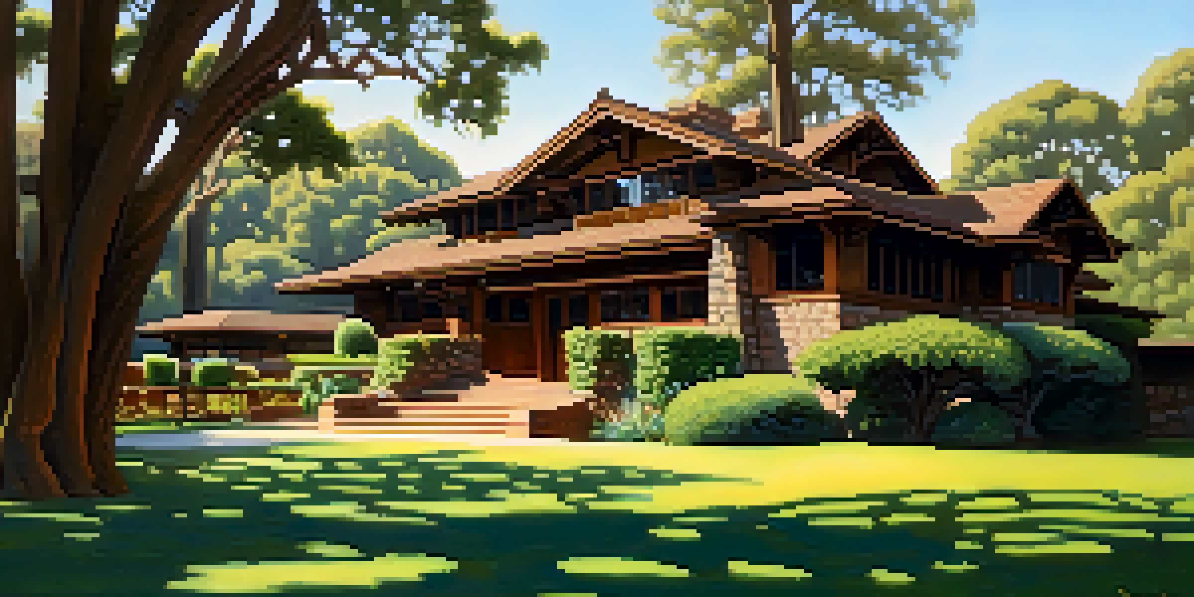 A detailed view of the Gamble House, emphasizing its handcrafted wooden features and surrounding nature.