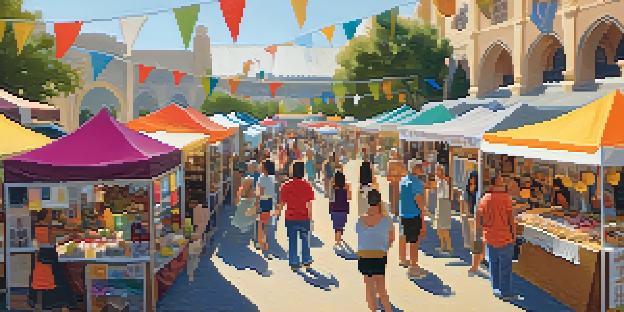 A lively Pasadena craft fair with colorful stalls and artisans showcasing handmade goods under bright sunlight.