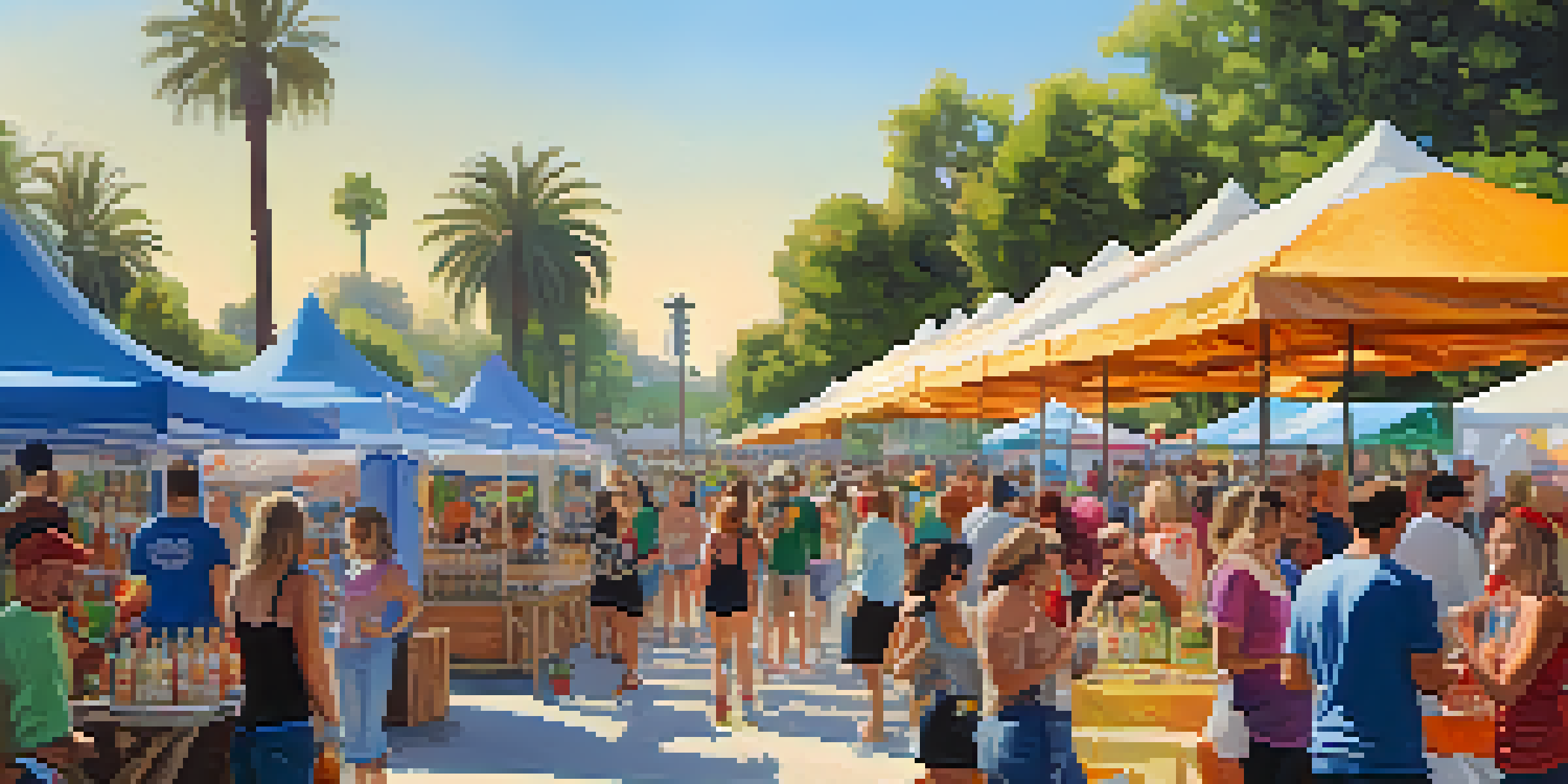 A lively summer beer festival in Pasadena with colorful tents, people sampling craft beers, and fresh fruits on display under a sunny sky.