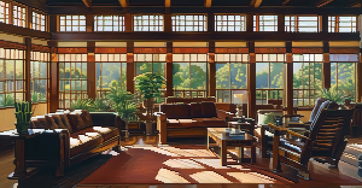 The interior of the Gamble House in Pasadena, featuring Arts and Crafts architecture, wooden beams, and natural light.