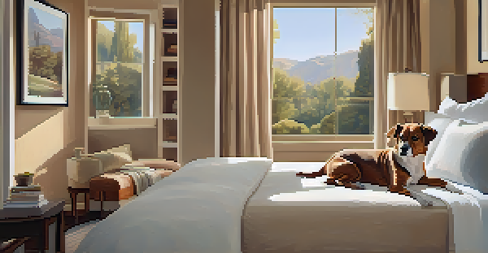 A hotel room designed for pets, featuring a dog bed, plush bedding, and a view of a sunny park outside the window.