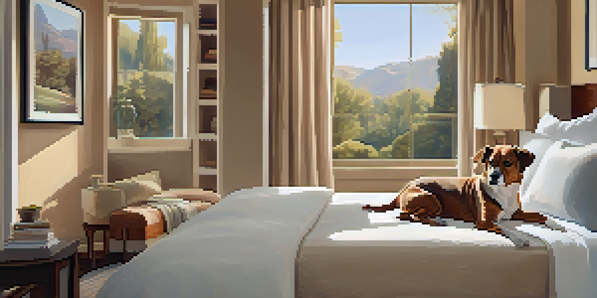 A hotel room designed for pets, featuring a dog bed, plush bedding, and a view of a sunny park outside the window.