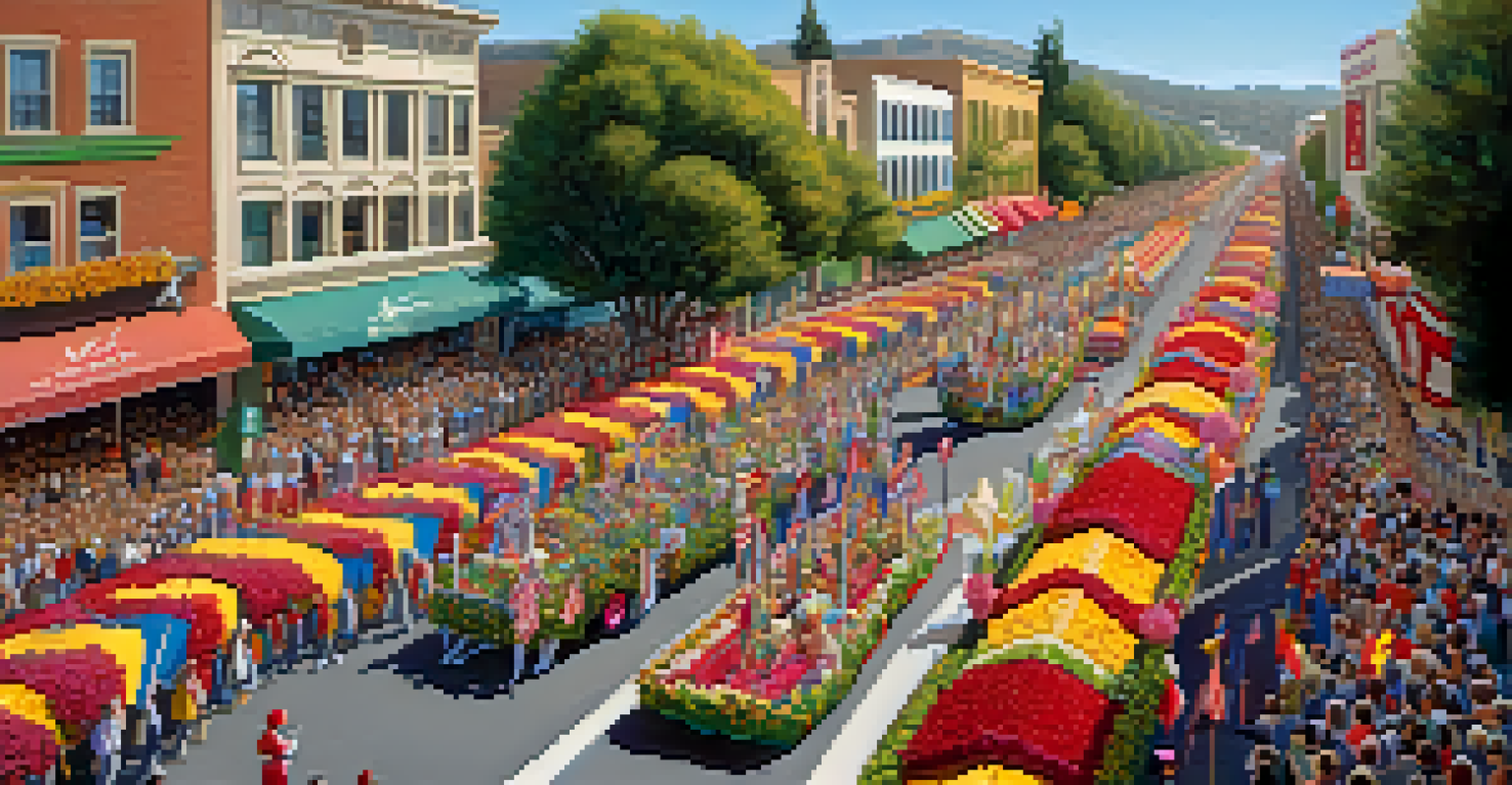 Aerial view of the Rose Parade with colorful floats and volunteers, surrounded by enthusiastic spectators.