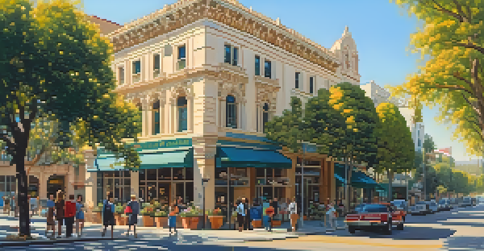 A sunny street in Pasadena with historical architecture, people walking, and lush trees providing shade.