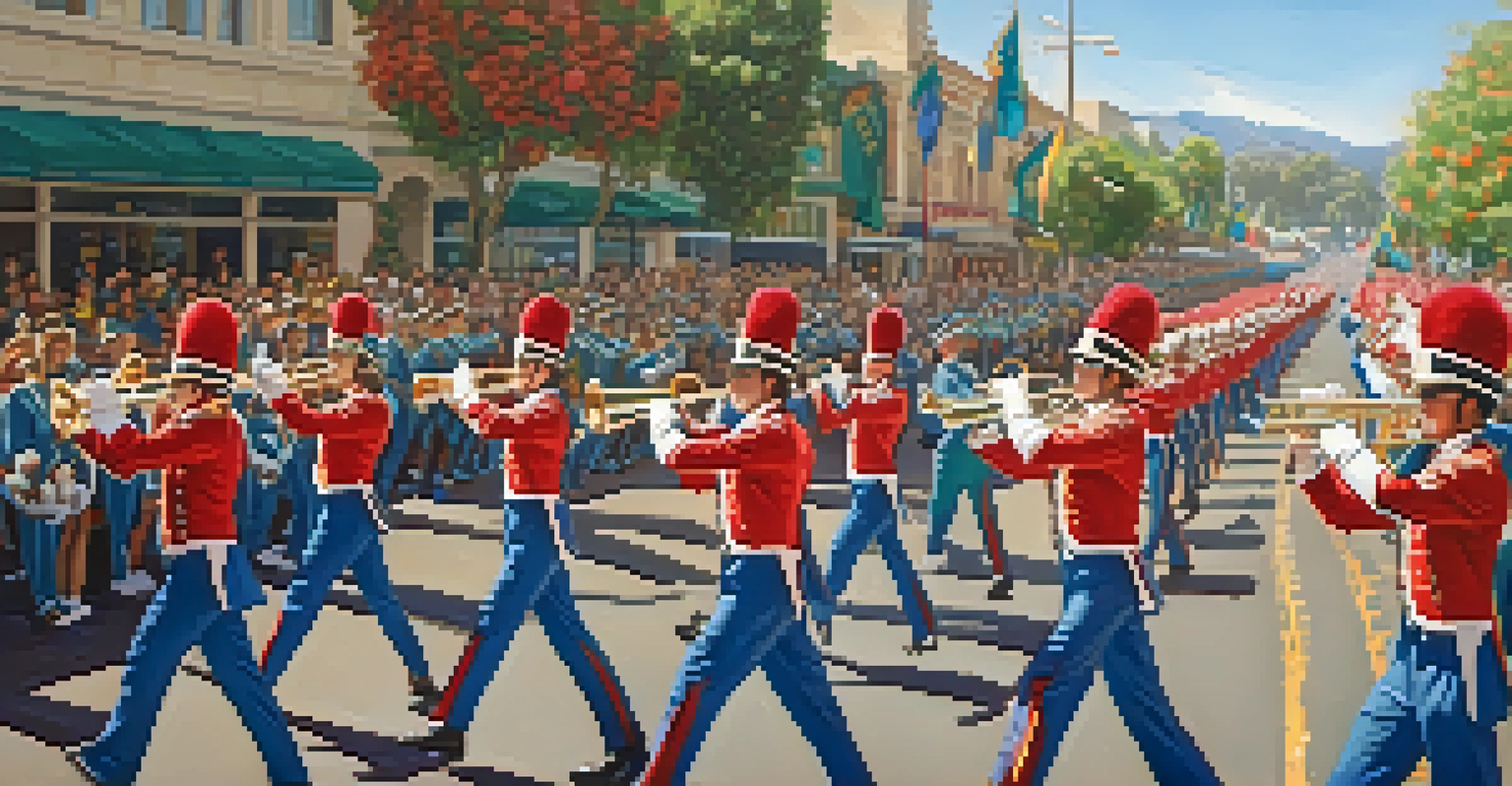 A marching band performing at the Rose Parade, showcasing musicians in colorful uniforms and an enthusiastic crowd.