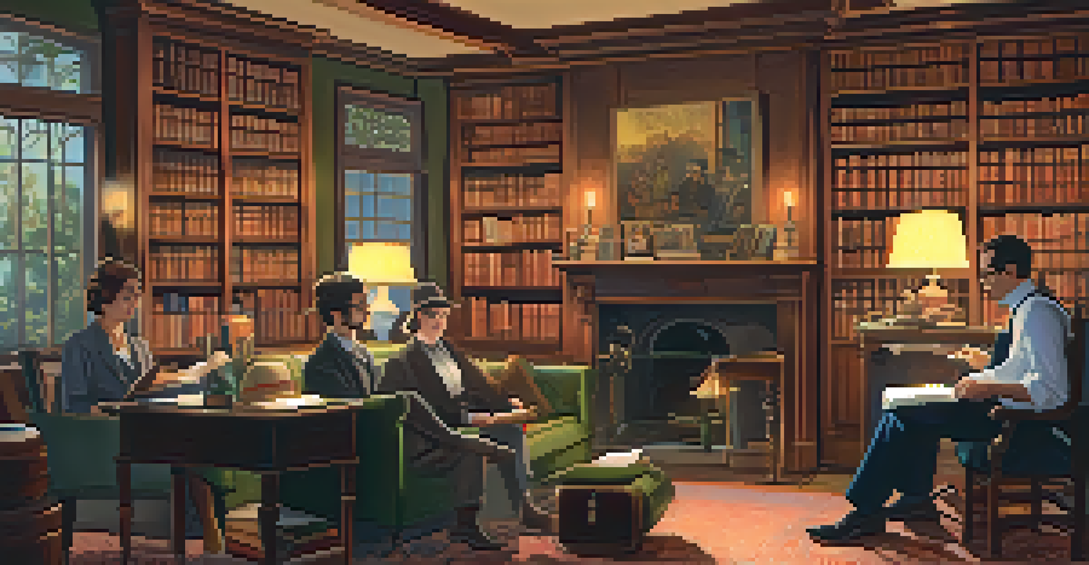 A historical literary salon in Pasadena with writers discussing ideas in a warm, book-filled room, illuminated by soft lighting.