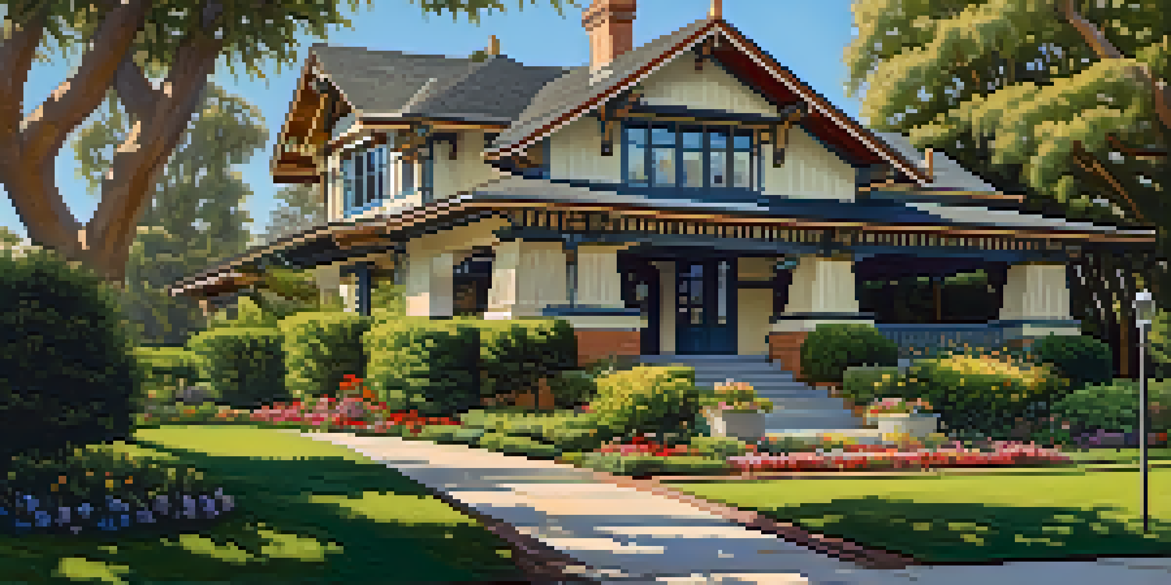 A restored Craftsman house with detailed woodwork and a colorful garden, set against a sunny sky.
