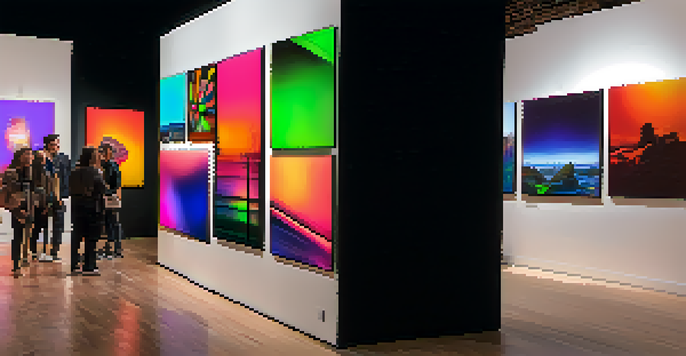 A lively digital art exhibition featuring diverse visitors interacting with colorful technology-based installations.
