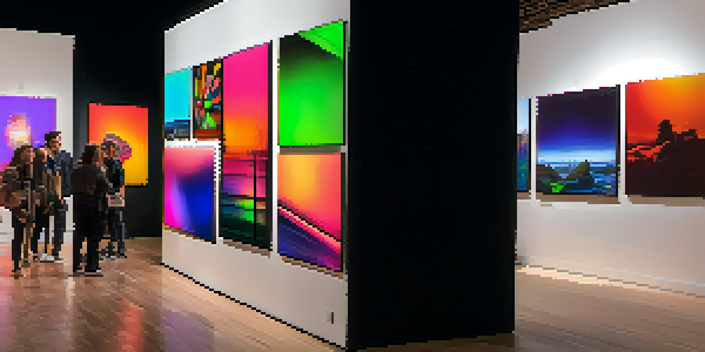 A lively digital art exhibition featuring diverse visitors interacting with colorful technology-based installations.