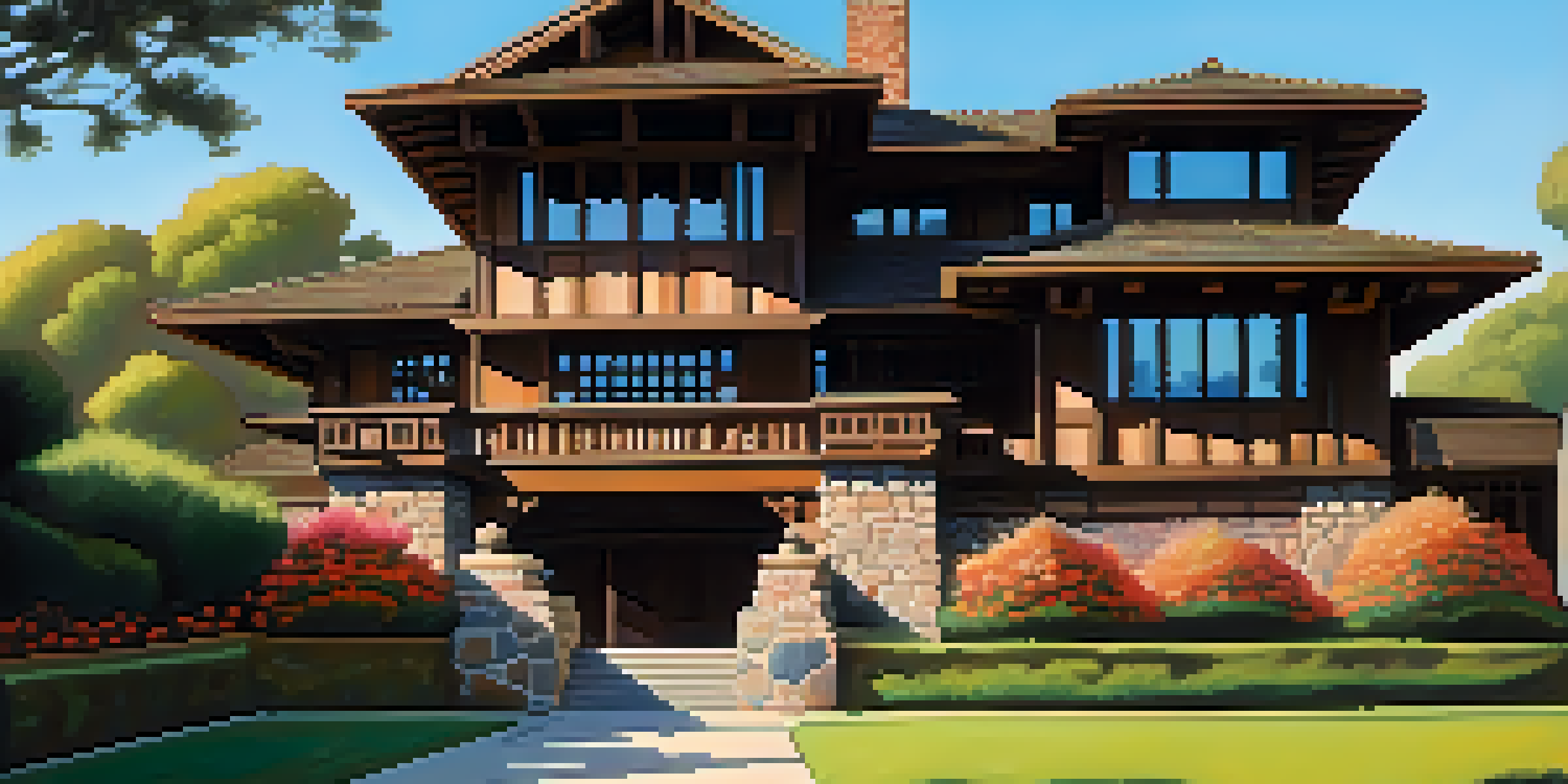 A beautiful view of the Gamble House with detailed woodwork and colorful gardens under a blue sky.