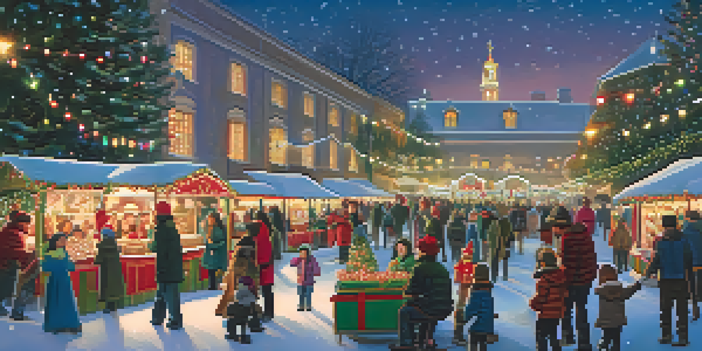 A lively winter festival in Pasadena with families ice skating and colorful stalls selling festive treats, surrounded by twinkling lights.