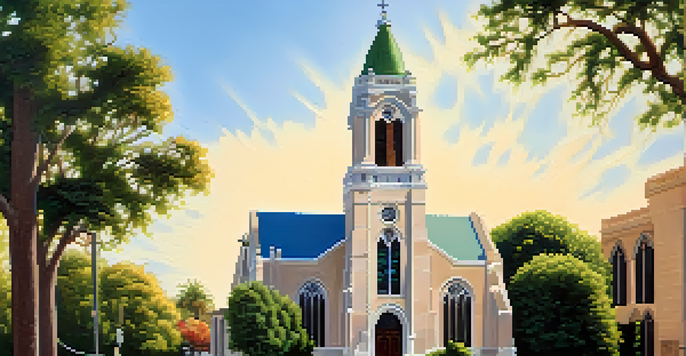 A Gothic Revival church with a tall bell tower and intricate stonework, surrounded by trees and sunlight.