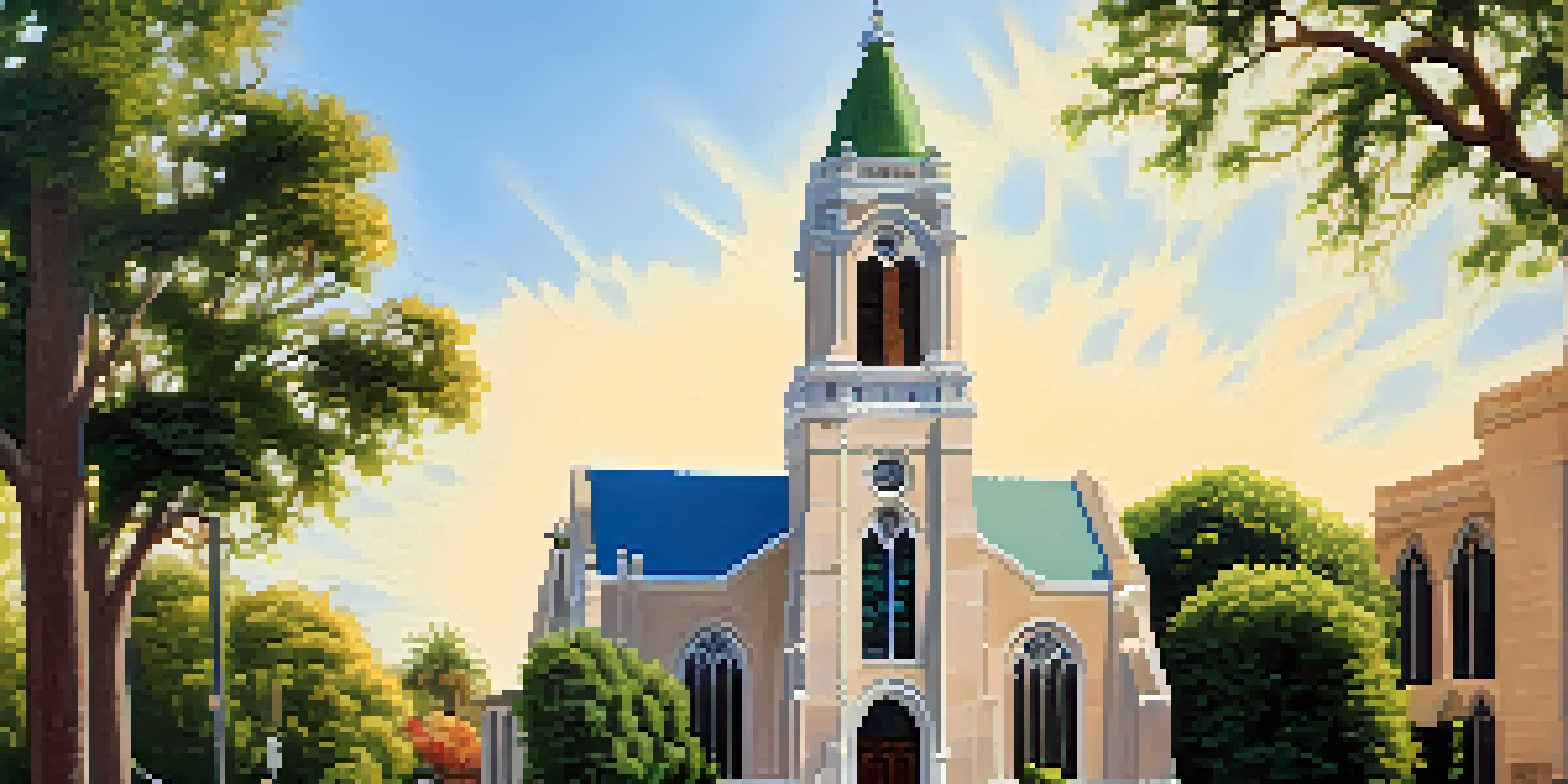 A Gothic Revival church with a tall bell tower and intricate stonework, surrounded by trees and sunlight.