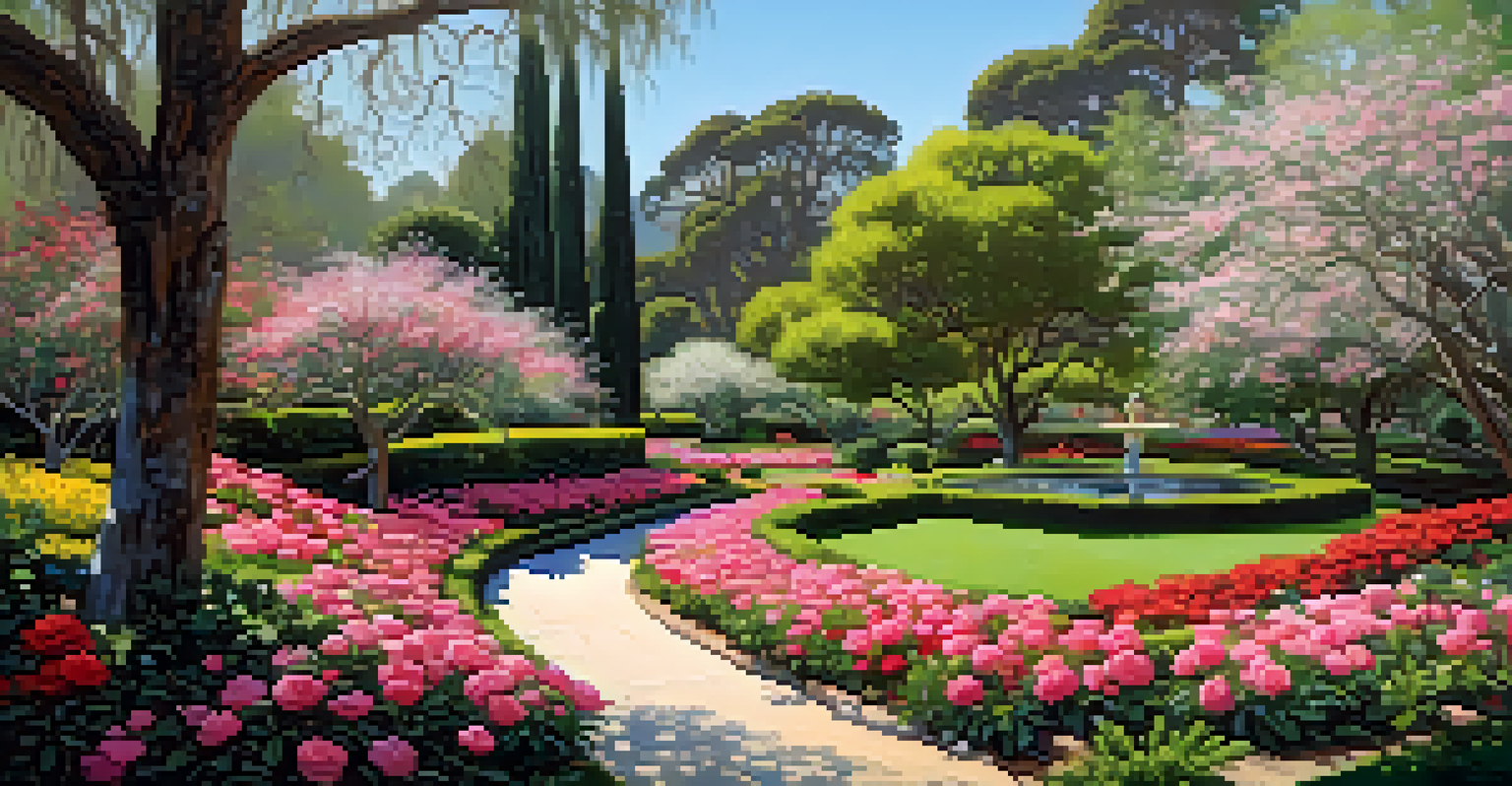 A colorful spring garden filled with blooming camellias and winding pathways illuminated by sunlight.