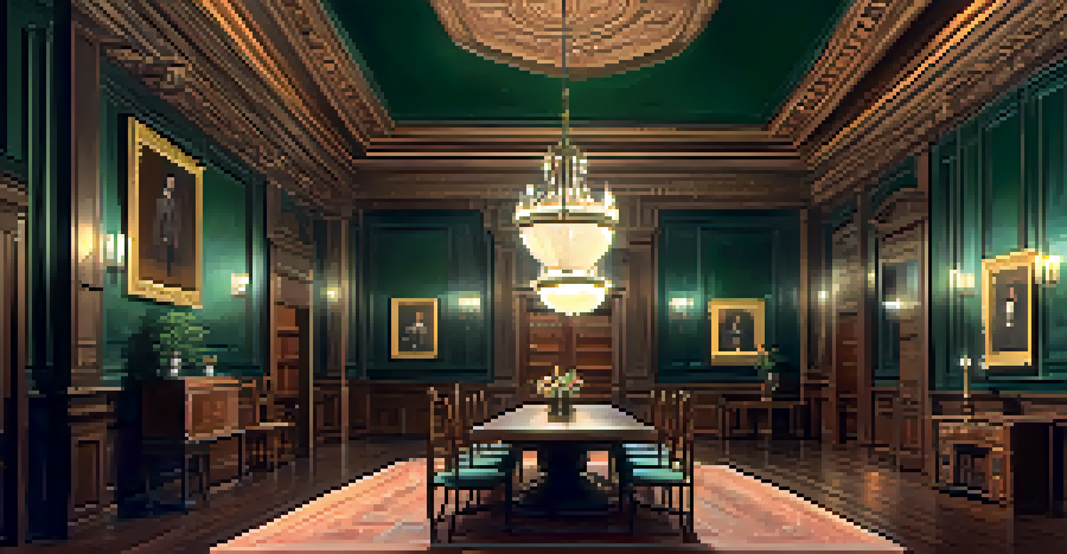 Interior view of Castle Green's grand hall with elegant wood carvings and vintage chandeliers.