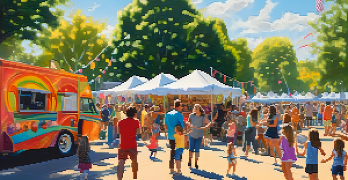 A lively music festival in Pasadena with families picnicking on the grass, children dancing, and musicians performing, surrounded by colorful food trucks.