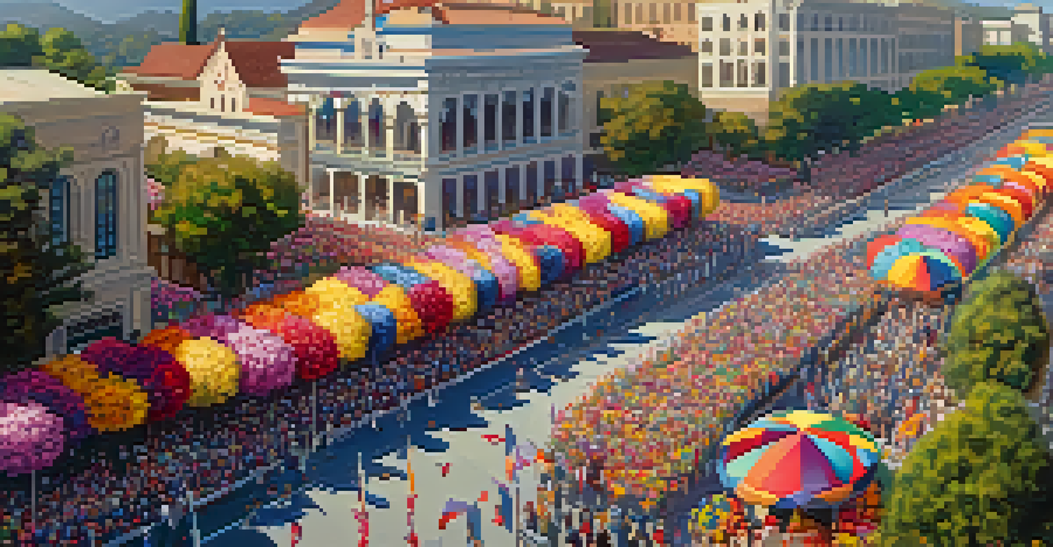 An aerial view of the Rose Parade in Pasadena, showcasing colorful floats and enthusiastic crowds.