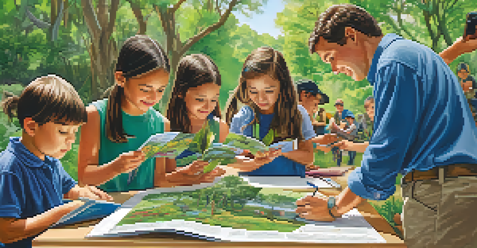Families participating in a conservation event in a nature reserve, planting native plants and learning about biodiversity, surrounded by greenery.
