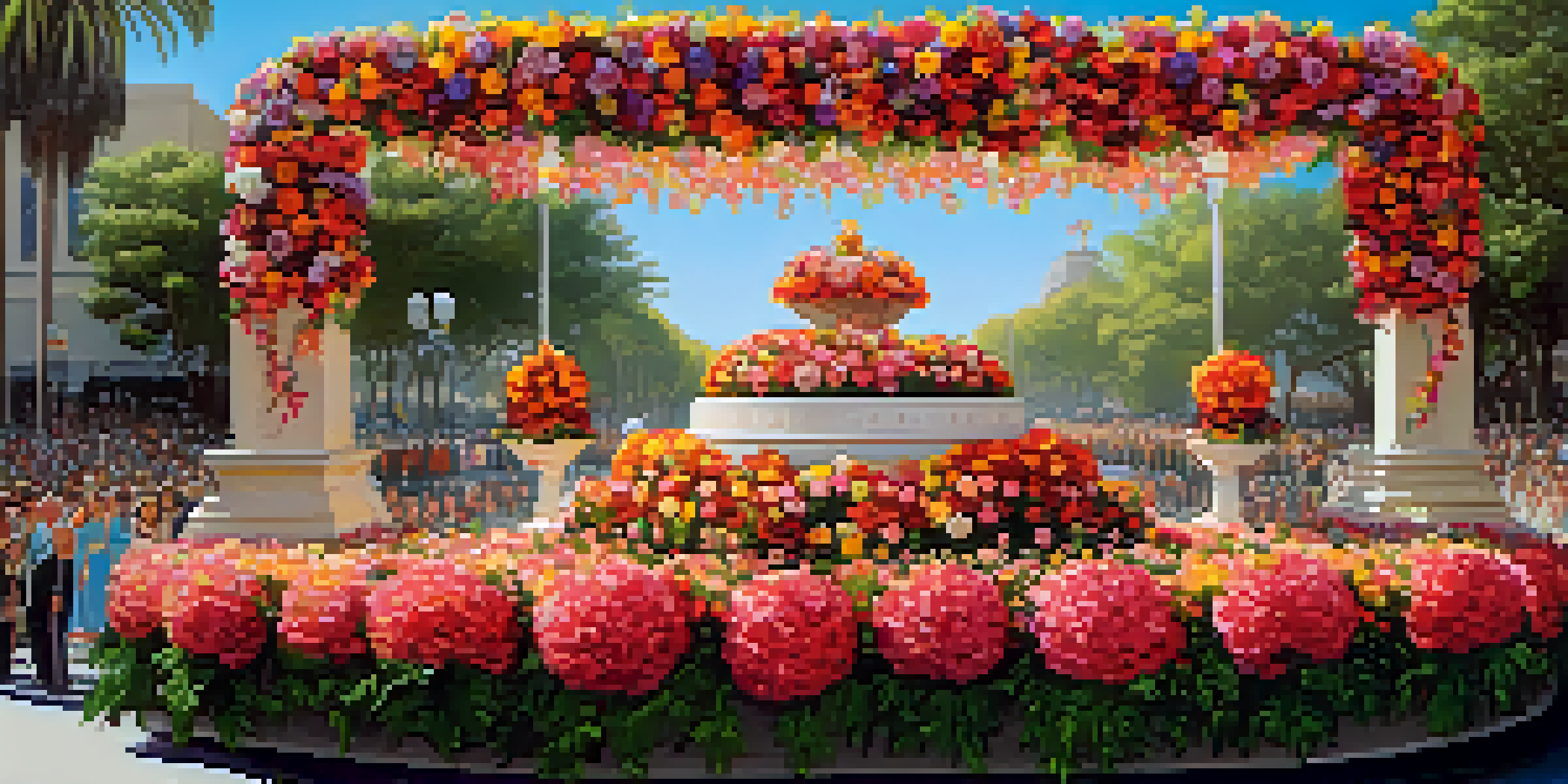 A colorful floral float at the Rose Parade, surrounded by enthusiastic spectators under a clear blue sky.