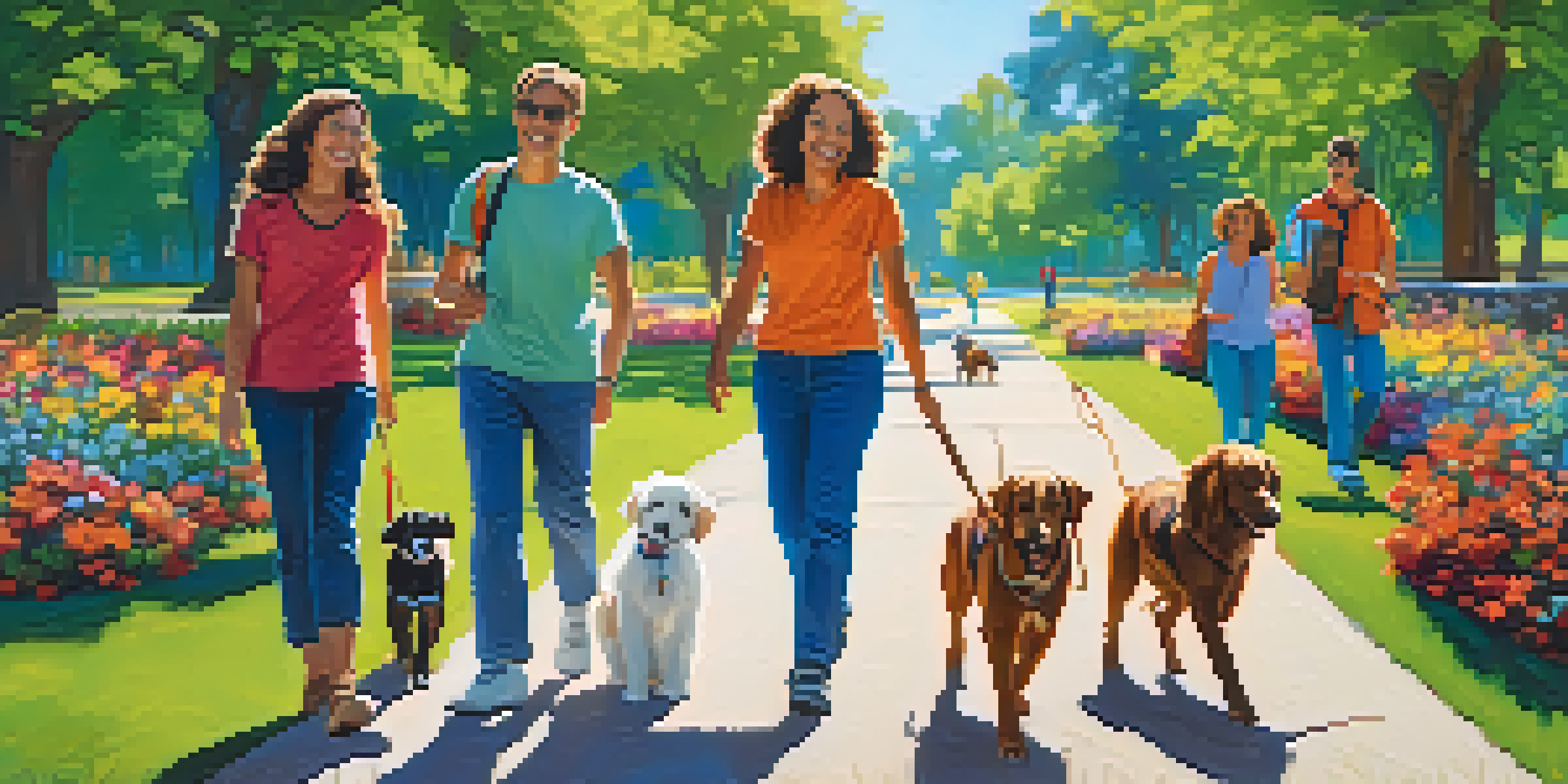 A group of diverse volunteers walking dogs in a sunny park with trees and flowers around them.