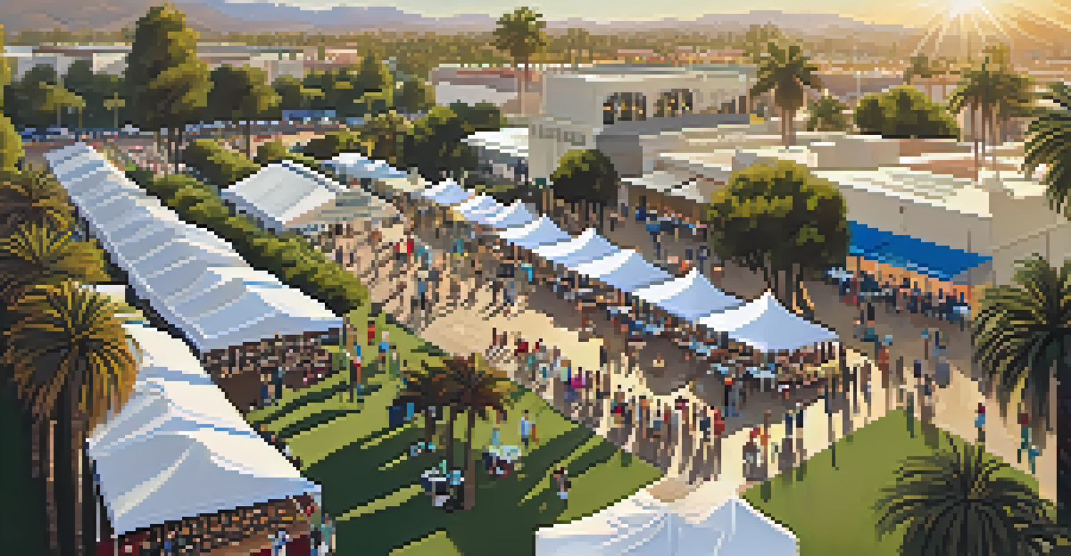 An aerial view of the Pasadena Food & Wine Festival showing booths and attendees enjoying wine and food against a sunset backdrop.