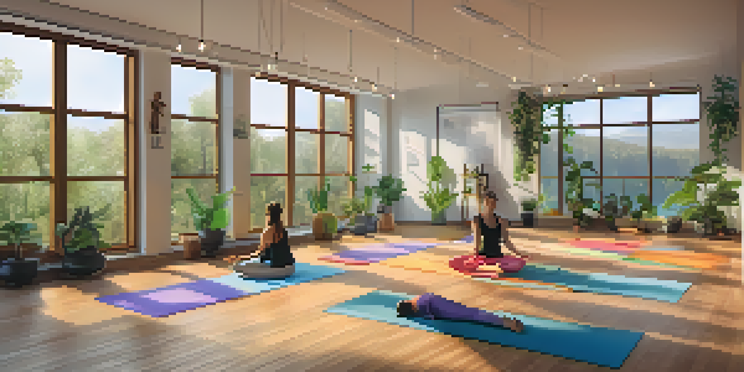 A peaceful yoga studio filled with natural light, featuring people practicing yoga on colorful mats.