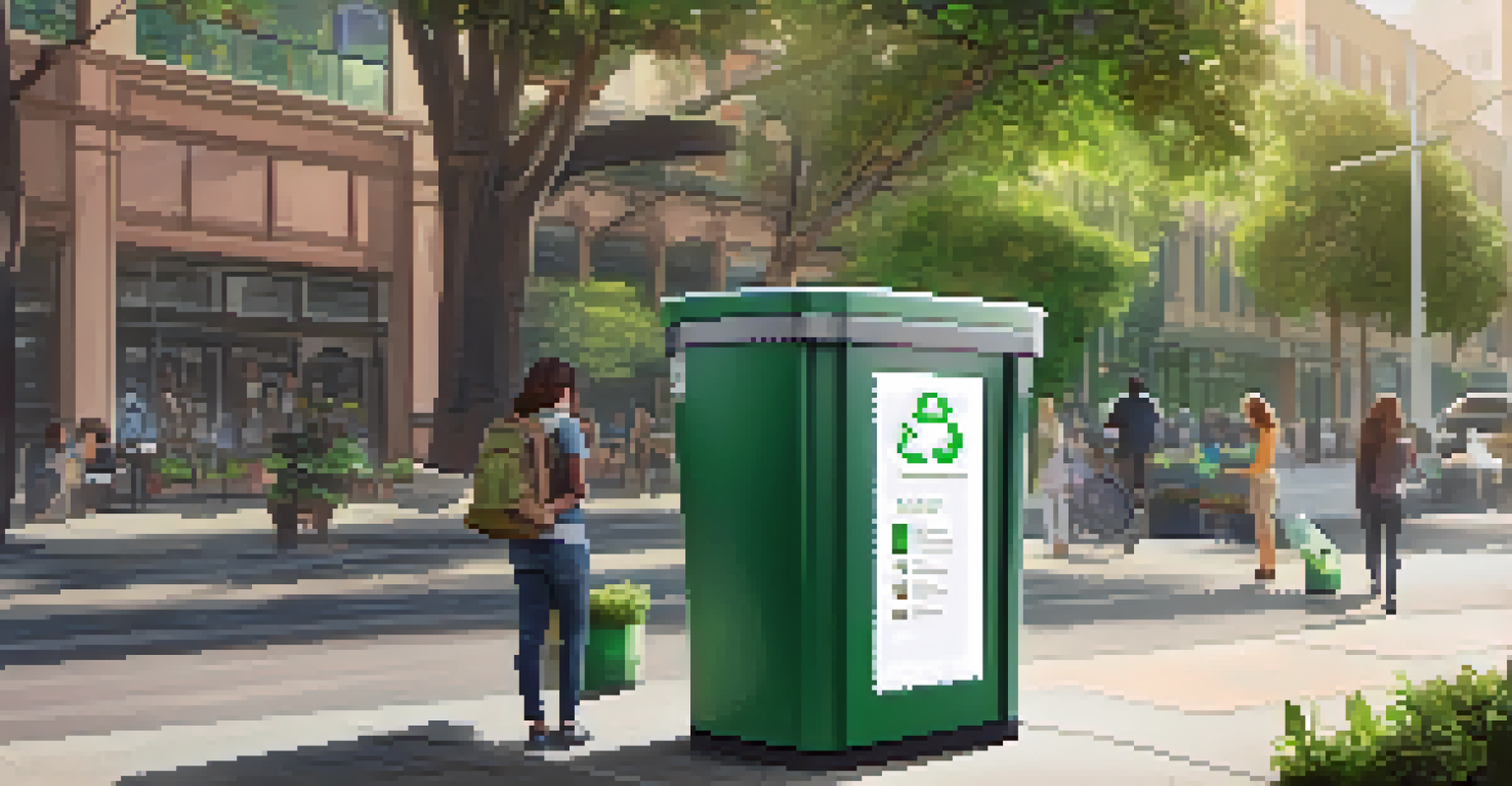 A smart waste bin in Pasadena with digital display, surrounded by greenery and a person checking recycling guidelines.