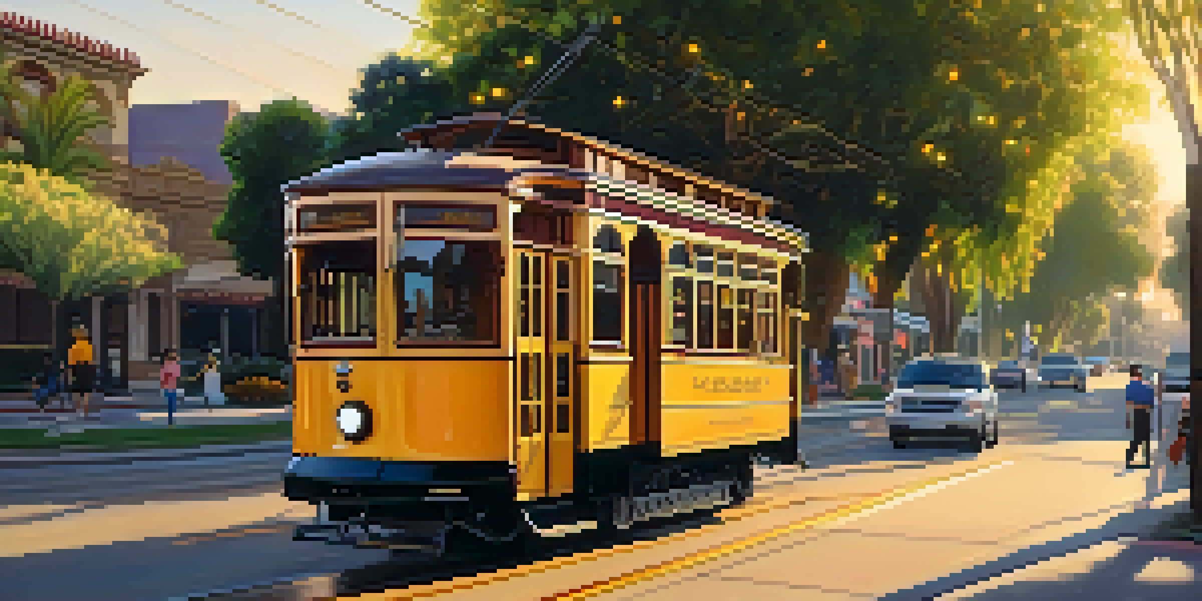 A historic street scene in Pasadena with a restored streetcar, blooming trees, and pedestrians enjoying the area during sunset.